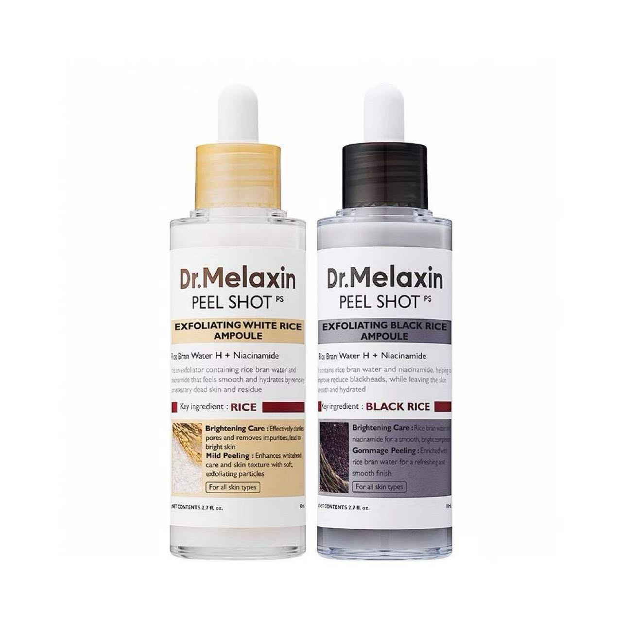 Dr.Melaxin Peel Shot Exfoliating White Rice Ampoule & Dr.Melaxin Peel Shot Exfoliating Black Rice Ampoule